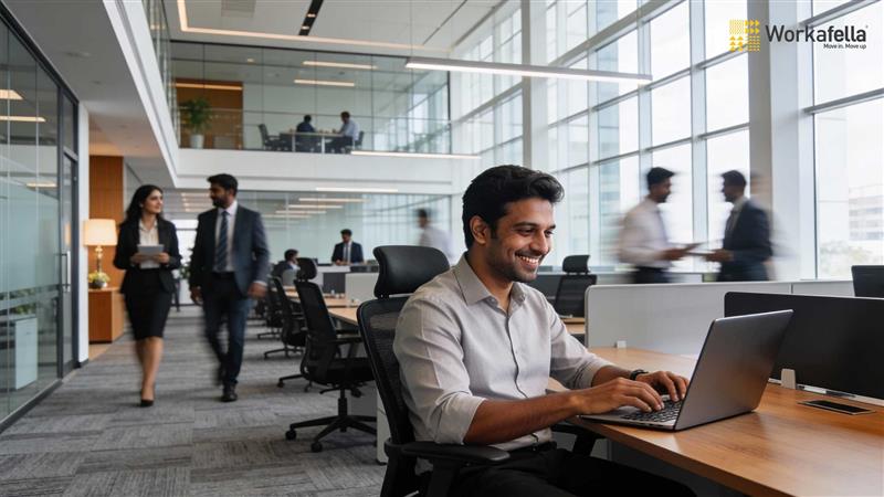 Private office space within a modern workspace designed to balance privacy and community 